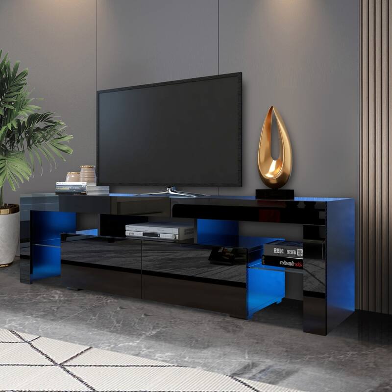 Black Modern TV Stand with 20 Colors LED Lights and Remote Control